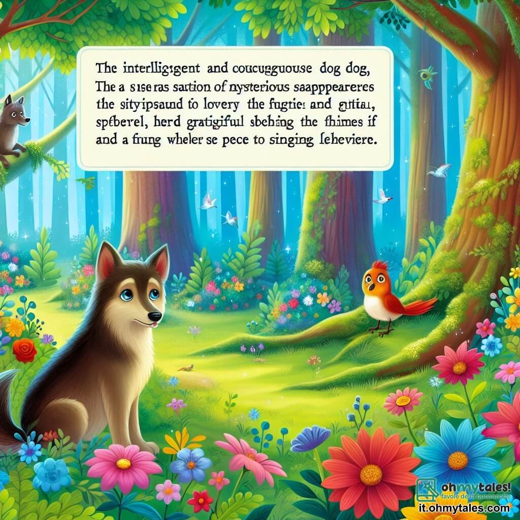 Une illustration destinée aux enfants représentant un chien courageux et intelligent, une situation de mystérieuses disparitions, un petit oiseau chanteur reconnaissant, dans un bosco incantato aux arbres majestueux et aux fleurs colorées, où règne la paix et l'harmonie.