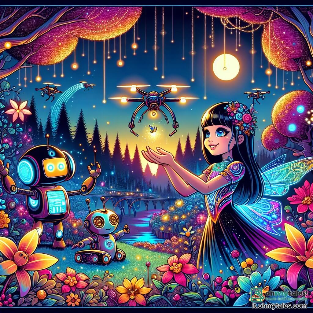 Illustrazione che rappresenta una foresta tecnologica splendente, dove gli alberi con foglie luminose scintillano come stelle e i ruscelli cantano dolci melodie. Al centro, una giovane ragazza dai capelli neri come l'ebano e dalla pelle chiara come la luna, vestita con un abito futuristico dai colori cangianti, tende la mano verso un drone camuffato da mela, attratta dal suo profumo dolce. Accanto a lei, un piccolo robot gioioso, con occhi brillanti e un sorriso radioso, osserva con preoccupazione, mentre un altro robot, più saggio, rimane in disparte, pronto a intervenire. La scena emana un'atmosfera di mistero e avventura, con lampi di luce che si sprigionano dai fiori cantanti e colori vivaci che illuminano il paesaggio.
