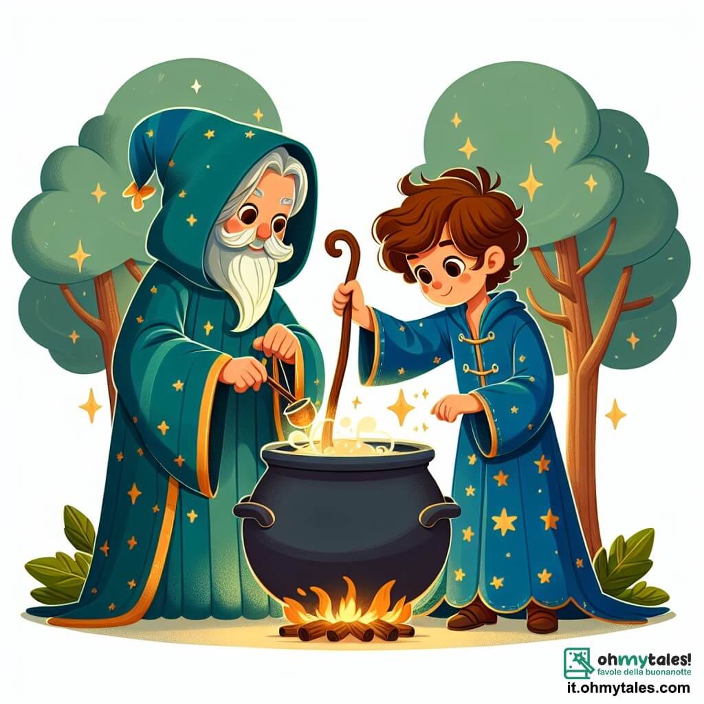 Une illustration sous forme de dessin destinée aux enfants représentant une forêt enchantée, avec des arbres majestueux aux feuilles scintillantes, où un jeune garçon aux cheveux châtains et aux yeux pétillants, vêtu d'une robe de sorcier bleue ornée d'étoiles dorées, est en train de mélanger des ingrédients magiques dans un grand chaudron fumant, tandis qu'une sage vieille femme aux cheveux argentés et à la robe verte, tenant un bâton en bois sculpté, l'observe avec bienveillance, alors qu'une lumière dorée émane du chaudron, symbolisant la magie qui se libère pour briser la malédiction de sa famille.
