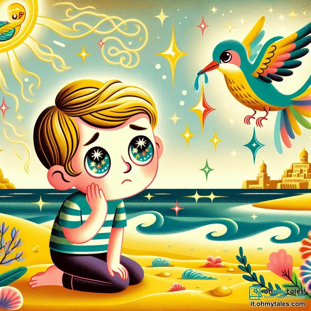 Une illustration destinée aux enfants représentant un garçon aux yeux pétillants, une scène de maladie, un petit oiseau coloré, sur une plage de sable doré bordée par l'océan scintillant.