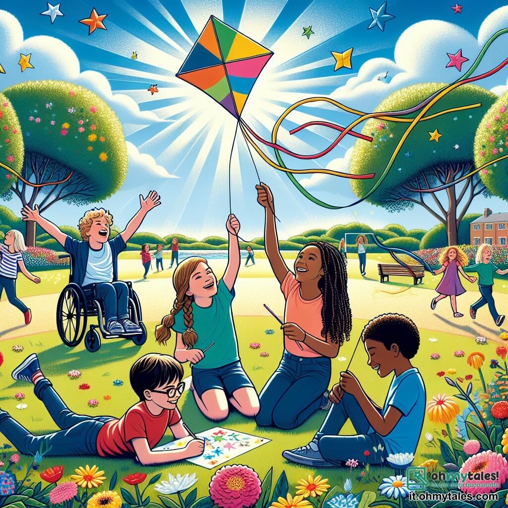 Illustrazione che rappresenta un vasto parco soleggiato, pieno di fiori colorati e alberi verdi, con un cielo blu punteggiato di nuvole bianche e soffici. Al centro della scena, un gruppo di quattro bambini è riunito attorno a un aquilone colorato che si alza nel cielo. C'è un ragazzo di 11 anni, con capelli castani e ricci, seduto su una sedia a rotelle, sorridente con occhi scintillanti di eccitazione. Accanto a lui, una ragazza di 10 anni, con lunghi capelli biondi intrecciati, tiene il filo dell'aquilone, il suo viso che irradia gioia. Un altro ragazzo di 11 anni, con occhiali e capelli castani, sta disegnando stelle su un foglio di carta, mentre una ragazza di 9 anni, con capelli corti e neri, applaude con entusiasmo. La scena principale mostra il gruppo di bambini uniti in un momento di creatività e amicizia, ognuno contribuendo a far volare l'aquilone, simbolo dei loro sogni e della loro amicizia. Sullo sfondo, altri bambini giocano e ridono, aggiungendo un'atmosfera di gioia e convivialità al parco. Nuvole a forma di cuori fluttuano nel cielo, rafforzando il messaggio d'amore e accettazione.