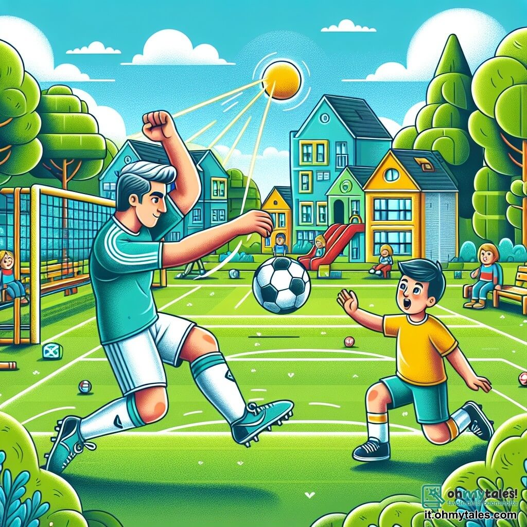 Une illustration destinée aux enfants représentant un joueur de football homme talentueux en train de marquer un but incroyable lors d'une partie amicale, avec un jeune garçon curieux et admiratif à ses côtés, dans un terrain de jeu ensoleillé entouré de grands arbres verts et de maisons colorées.