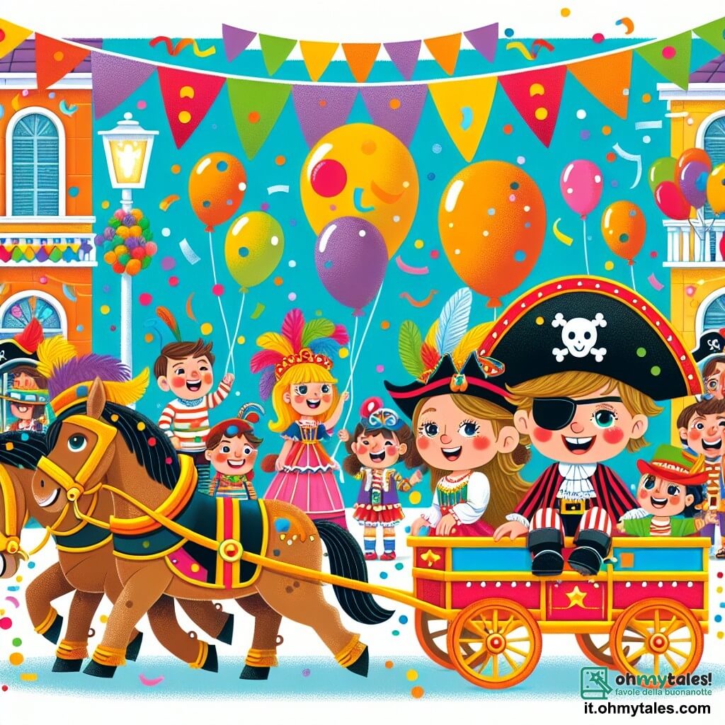 Une illustration destinée aux enfants représentant un petit garçon déguisé en pirate, embarqué sur un chariot coloré tiré par des chevaux, accompagné de sa maman souriante, dans une rue animée du Carnevale di Luca, remplie de ballons, confettis et enfants joyeux aux costumes éclatants.