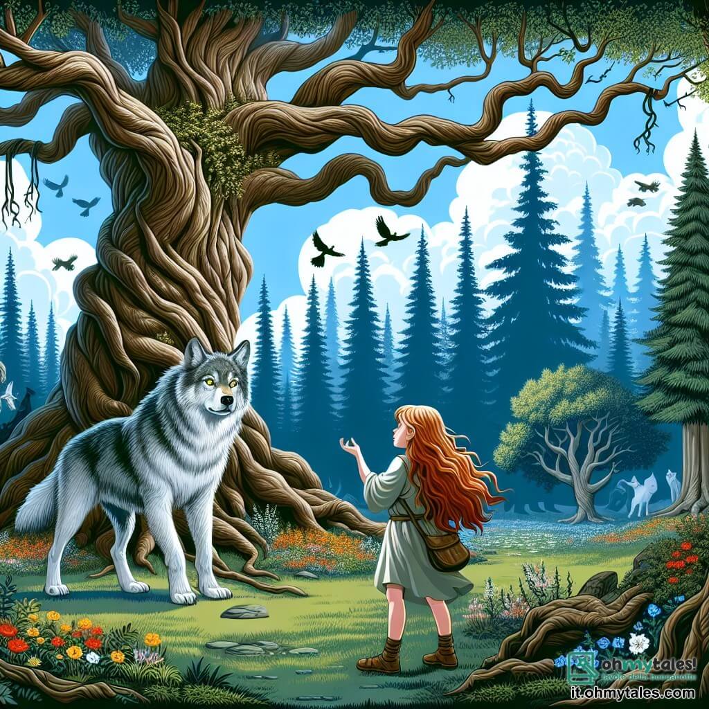 Illustrazione che rappresenta un radura incantata nel cuore di una foresta fitta, dove grandi alberi dai tronchi nodosi si ergono verso un cielo blu punteggiato di nuvole bianche e soffici. Al centro, un gigantesco albero secolare, le cui branche si estendono come braccia protettive, è circondato da fiori colorati e piccole creature volanti. Una ragazza di 11 anni, con lunghi capelli rossi e occhi verdi scintillanti, si trova ai piedi dell'albero. Indossa una tunica semplice e uno zainetto, il suo volto esprime curiosità e audacia. Guarda con meraviglia un grande lupo maestoso, il cui pelo grigio argentato brilla sotto i raggi del sole, i suoi occhi gialli riflettono una saggezza antica. Il lupo, che si trova a pochi passi da lei, ha una postura sia fiera che dolce, come se fosse pronto a condividere la sua storia. Sullo sfondo, ombre di creature della foresta si delineano, aggiungendo un tocco di mistero alla scena. La situazione principale mostra l'incontro tra la giovane ragazza e il lupo, un momento di tensione mescolata a meraviglia, dove paura e curiosità si incontrano. Elementi grafici come lampi di luce, foglie danzanti e fiori vivaci sottolineano l'atmosfera magica e intrigante di questo incontro indimenticabile.