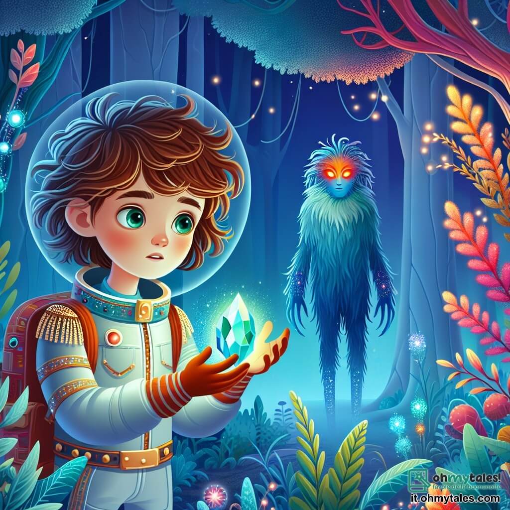 Une illustration sous forme de dessin destinée aux enfants représentant une forêt enchantée sur le mystérieux planète Caligo, où une jeune fille aux cheveux châtains ébouriffés et aux yeux verts brillants, vêtue d'une combinaison spatiale scintillante, tient un cristal lumineux dans ses mains, tandis qu'une créature bleue, haute et élancée, avec des yeux flamboyants, l'observe avec curiosité, alors qu'elles se préparent à affronter les défis d'une quête magique pour découvrir les secrets de l'univers.
