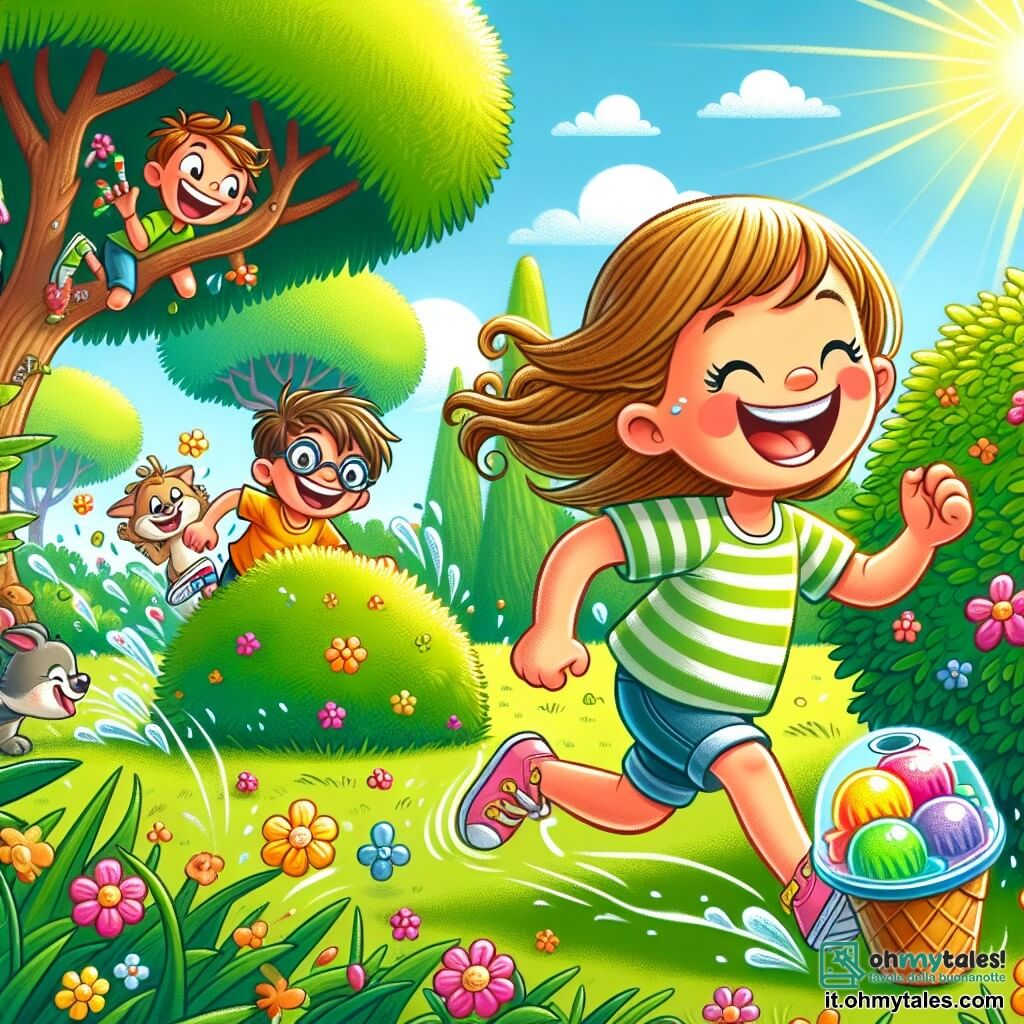 Illustrazione che rappresenta un parco soleggiato, pieno di grandi alberi verdi e fiori colorati che danzano al vento. Al centro della scena, una ragazza di 11 anni con capelli castani leggermente arruffati, indossa una maglietta a righe e un pantaloncino, ride di gusto mentre corre dietro a un piccolo cane birichino che ha rubato un gelato di plastica. Accanto a lei, due amici: un ragazzo di 12 anni con capelli castani e occhiali, che scala un albero cercando di vedere il gelato, e una ragazza di 11 anni con capelli biondi intrecciati, nascosta dietro un cespuglio, pronta a sorprendere il ragazzo con una risata. La scena è piena di gioia ed energia, con bolle di riso che fluttuano intorno a loro e il gelato di plastica, colorato e lucido, parzialmente sepolto nell'erba, che attira l'attenzione del piccolo cane.