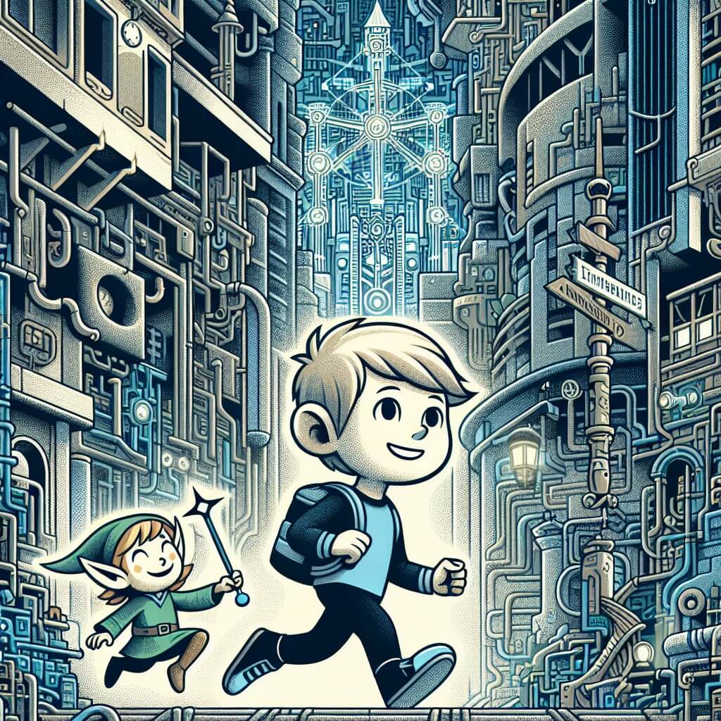 Une illustration destinée aux enfants représentant un jeune garçon, perdu dans une ville labyrinthique où la magie se mêle à la technologie, accompagné d'un petit elfe facétieux, dans les rues animées de Mirabilis, avec ses gratte-ciel majestueux et ses ruelles tortueuses.