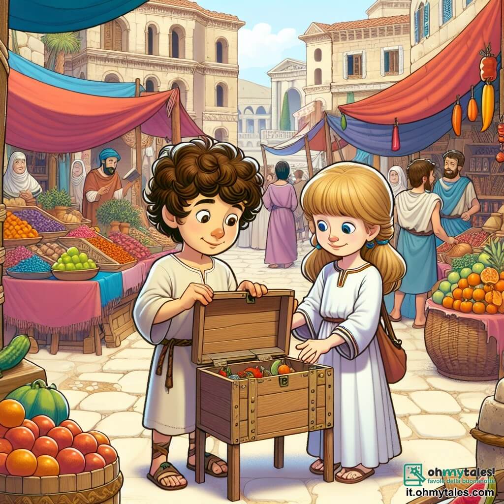 Une illustration sous forme de dessin destinée aux enfants représentant un ancien marché romain animé, avec des étals colorés de fruits et d'épices, où un garçon de 5 ans aux cheveux bruns et bouclés, vêtu d'une tunique légère, regarde avec émerveillement une grande boîte en bois, tandis qu'une fillette aux cheveux longs et blonds, portant une robe simple, lui montre un livre ancien qu'ils viennent de découvrir, symbolisant leur aventure pour retrouver l'histoire perdue de la ville.