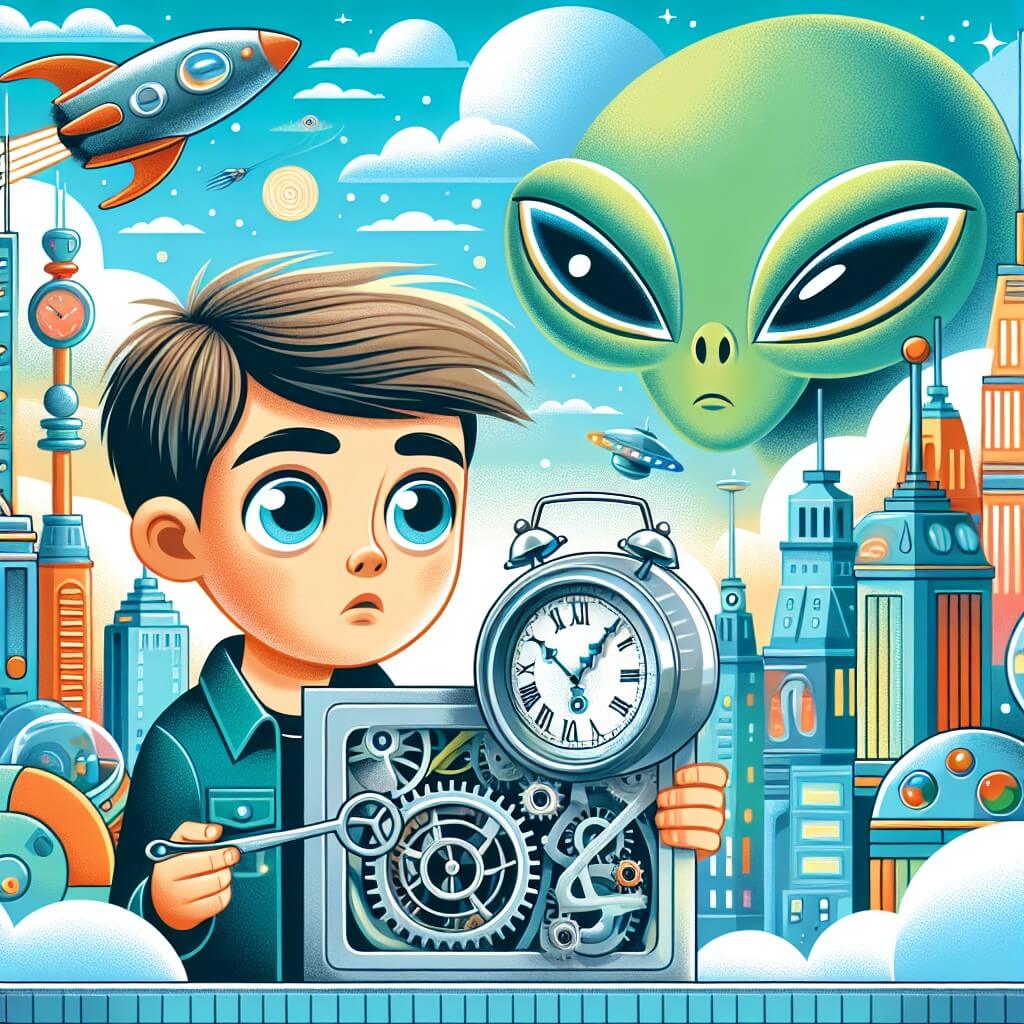 Une illustration destinée aux enfants représentant un jeune garçon intrigué, tenant un ancien orologio d'argent, se trouvant dans une ville futuriste avec des buildings qui touchent les nuages et des voitures volantes, accompagné d'un extraterrestre vert aux grands yeux et antennes, dans une atmosphère lumineuse et colorée.