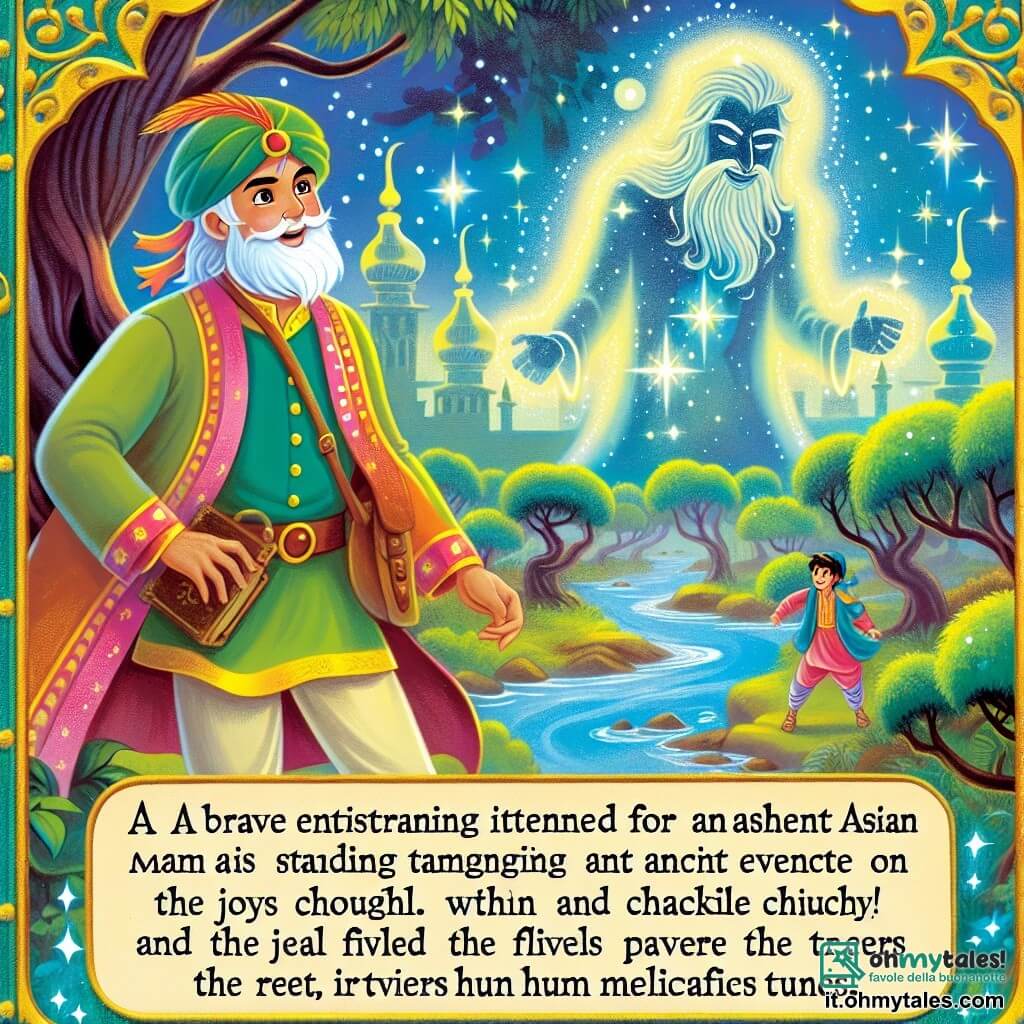 Une illustration destinée aux enfants représentant un homme courageux face à un mal ancien, accompagné d'un être lumineux et scintillant, sur un planète des rires où les arbres rient et les rivières chantent, le tout enveloppé d'une brume magique.