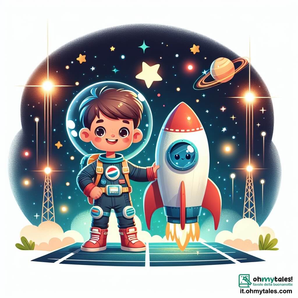 Une illustration destinée aux enfants représentant un jeune homme passionné d'étoiles, accompagné d'un astronaute bienveillant, sur le pas de tir d'une fusée, prêts à décoller vers les étoiles, au milieu d'un centre spatial scintillant de lumières et de couleurs vives.