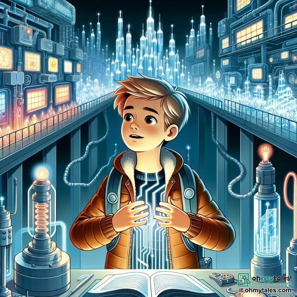 Une illustration destinée aux enfants représentant un jeune garçon inventeur de gadgets high-tech, découvrant un trésor caché dans une ville futuriste faite de cristal lumineux et de lumières fluorescentes.