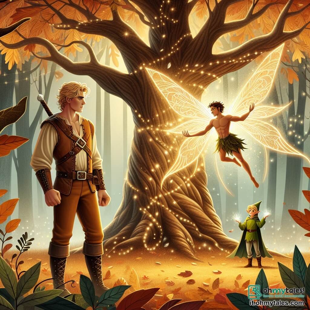Une illustration destinée aux enfants représentant un homme courageux, se tenant devant une quercia magica avec une fée aux ailes luisantes, dans une forêt incantée baignée de lumière dorée et de feuilles dansantes.