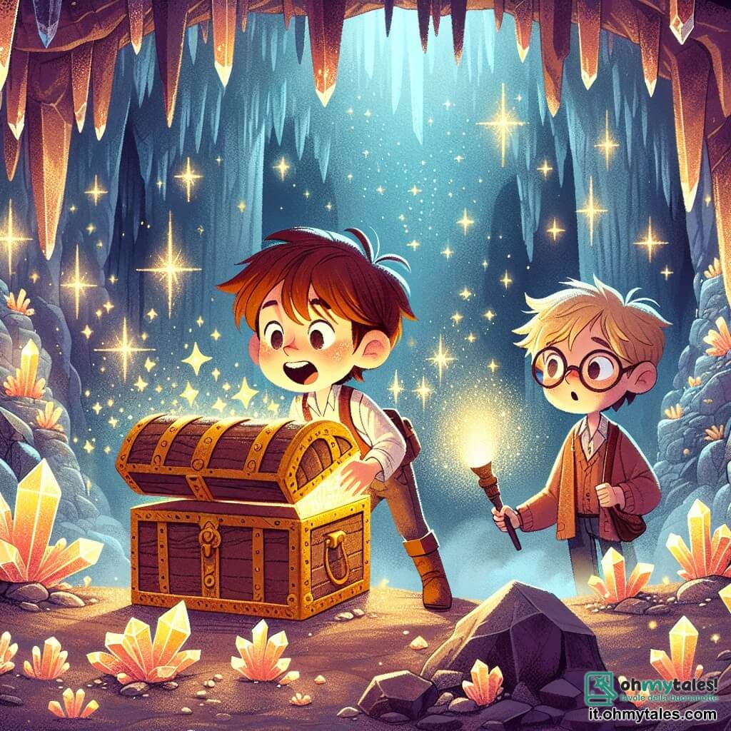 Illustrazione che rappresenta una scena magica all'interno di una grotta scintillante, dove i cristalli brillano come stelle e illuminano le pareti umide. Al centro, un ragazzo di 9 anni, con i capelli castani disordinati e gli occhi brillanti di curiosità, si trova davanti a un grande scrigno d'oro, con le mani tese verso il coperchio, pronto ad aprirlo. Accanto a lui, un altro ragazzo di 9 anni, con occhiali rotondi e capelli biondi, osserva con meraviglia, gli occhi spalancati, tenendo una torcia che illumina la stanza. Sono circondati da antiche incisioni sulle pareti, che raffigurano stelle e cuori, e una leggera nebbia fluttua nell'aria, aggiungendo un tocco di mistero all'atmosfera. Lo scrigno è decorato con motivi elaborati, e l'eccitazione palpabile dei due amici crea un'atmosfera di avventura e scoperta.