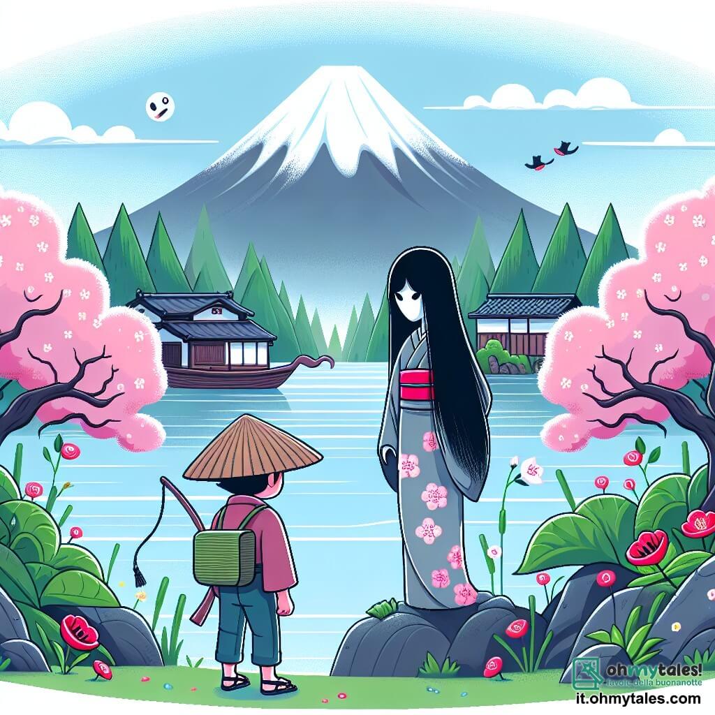 Une illustration destinée aux enfants représentant un pêcheur courageux se tenant sur le bord d'un lac mystérieux, face à un fantôme japonais féminin aux longs cheveux noirs et au kimono traditionnel, dans un petit village paisible entouré de cerisiers en fleurs et dominé par la majesté du Mont Fuji.