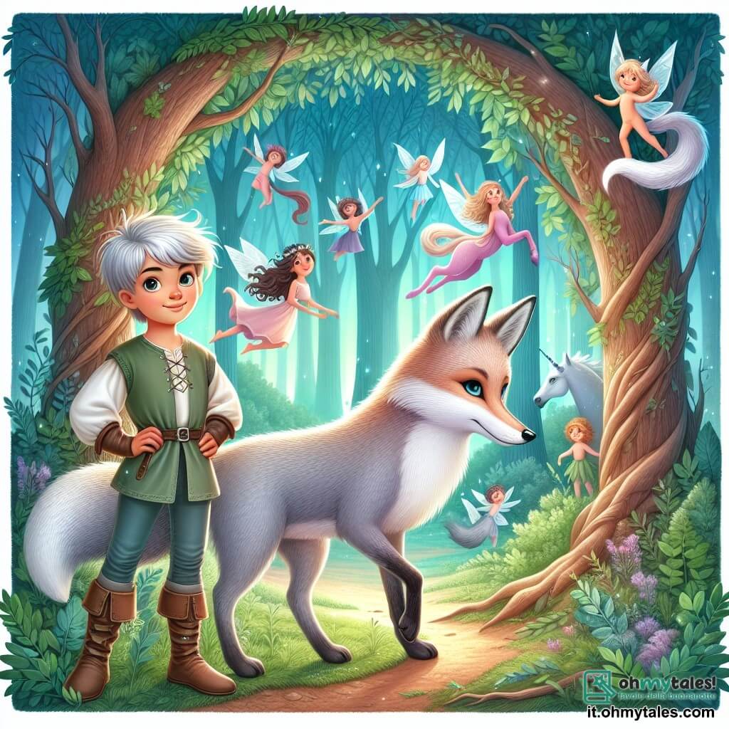 Une illustration destinée aux enfants représentant un jeune garçon courageux se tenant à l'orée d'une forêt enchantée, accompagné d'une volpe argentée aux yeux brillants, dans un bosquet luxuriant rempli de fées dansant et de licornes majestueuses.
