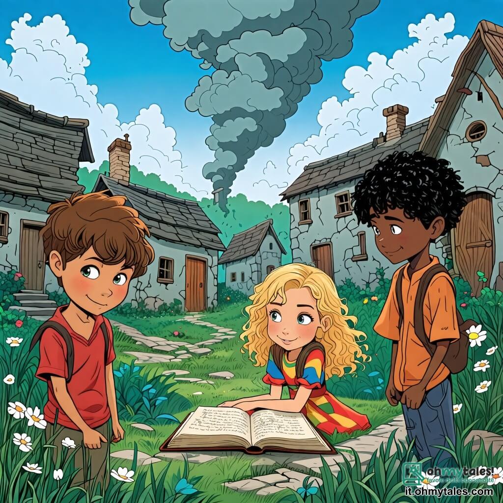 Une illustration sous forme de dessin destinée aux enfants représentant un village abandonné, avec des maisons couvertes d'herbes et des murs fissurés, où une fille de 6 ans aux cheveux blonds et bouclés, portant une robe colorée, explore avec curiosité un vieux journal poussiéreux, tandis qu'un garçon aux cheveux bruns et un autre garçon aux cheveux noirs, tous deux de son âge, l'observent avec des expressions d'émerveillement et d'excitation, alors qu'un orage gronde au loin, symbolisant les peurs qu'ils doivent surmonter ensemble dans leur quête d'aventure.