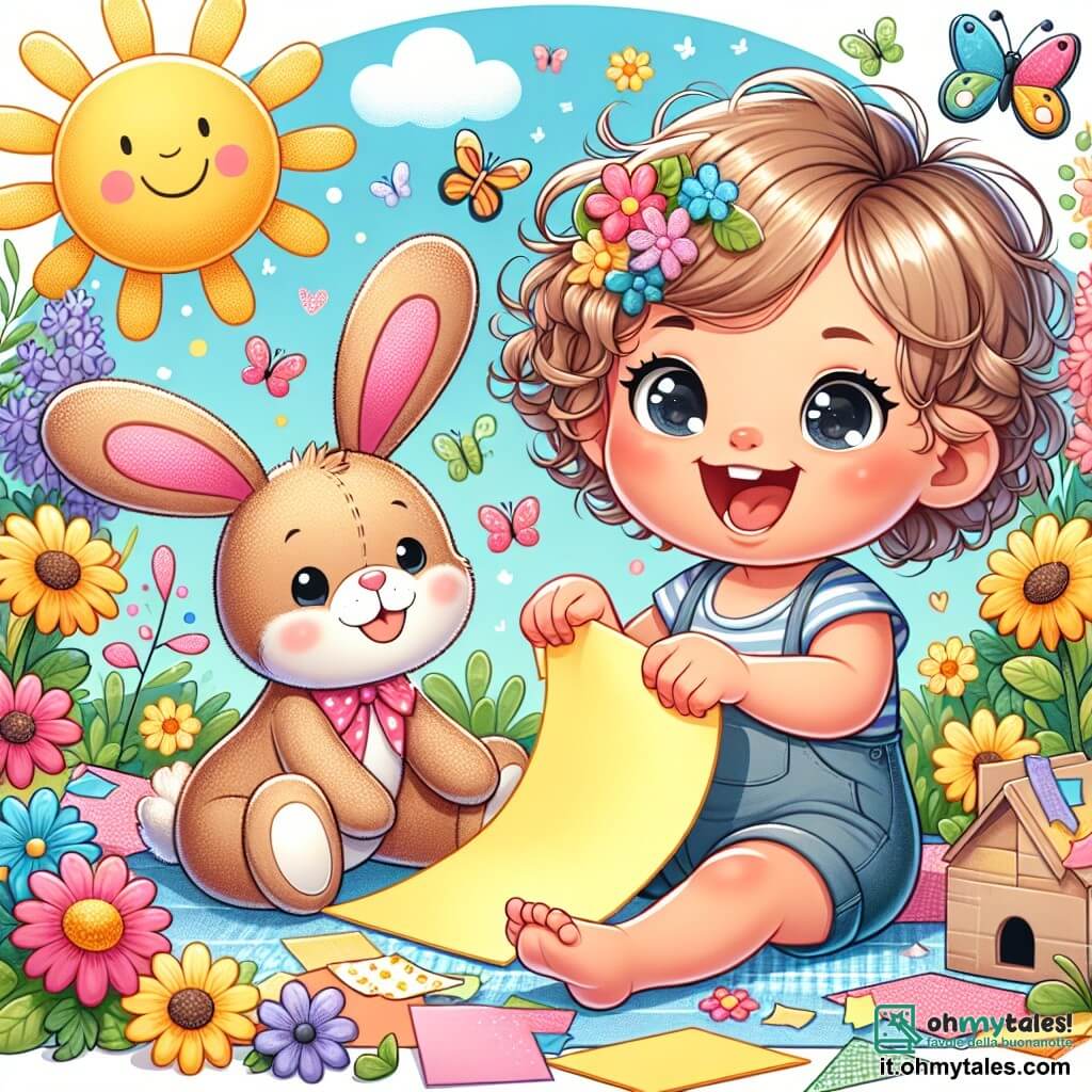 Une illustration sous forme de dessin destinée aux enfants représentant un jardin ensoleillé rempli de fleurs colorées, où une petite fille de 1 an aux cheveux bouclés et aux yeux pétillants rit joyeusement en tenant un grand morceau de papier coloré, tandis qu'un adorable petit lapin en peluche aux grandes oreilles et au sourire malicieux, assis à côté d'elle, semble prêt à l'aider à construire une maison pour les farfales, avec des feuilles de papier éparpillées autour d'eux et un léger vent qui fait danser les fleurs.