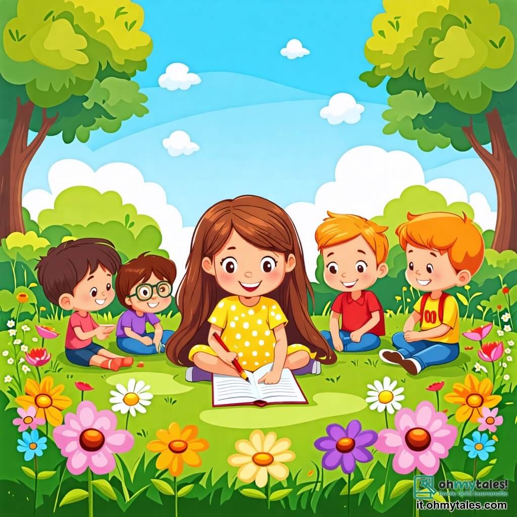 Illustrazione che rappresenta un giardino scolastico soleggiato, pieno di fiori colorati dai petali brillanti, grandi alberi con foglie verdi e un cielo blu chiaro punteggiato di nuvole bianche e soffici. Al centro di questa scena, una bambina di 5 anni, con lunghi capelli castani e occhi scintillanti, è seduta sull'erba, con un sorriso radioso sul volto. Indossa un vestito giallo a pois e tiene una matita in mano, pronta a scrivere una lettera. Intorno a lei, diversi bambini della sua età, tra cui un ragazzo dai capelli biondi e un altro con gli occhiali, sono seduti in cerchio, ascoltando attentamente. Il ragazzo biondo, con una maglietta blu, sembra entusiasta, mentre l'altro bambino, con capelli castani e un maglione rosso, guarda la bambina con curiosità. La situazione principale mostra la bambina mentre condivide una verità con i suoi amici, circondata da un'atmosfera gioiosa e amichevole. Bolle di dialogo colorate fluttuano attorno a loro, illustrando parole come "verità" e "amicizia". Elementi grafici aggiuntivi includono giocattoli sparsi sull'erba e una lavagna sullo sfondo con disegni di bambini, simboleggiando l'apprendimento e la creatività.