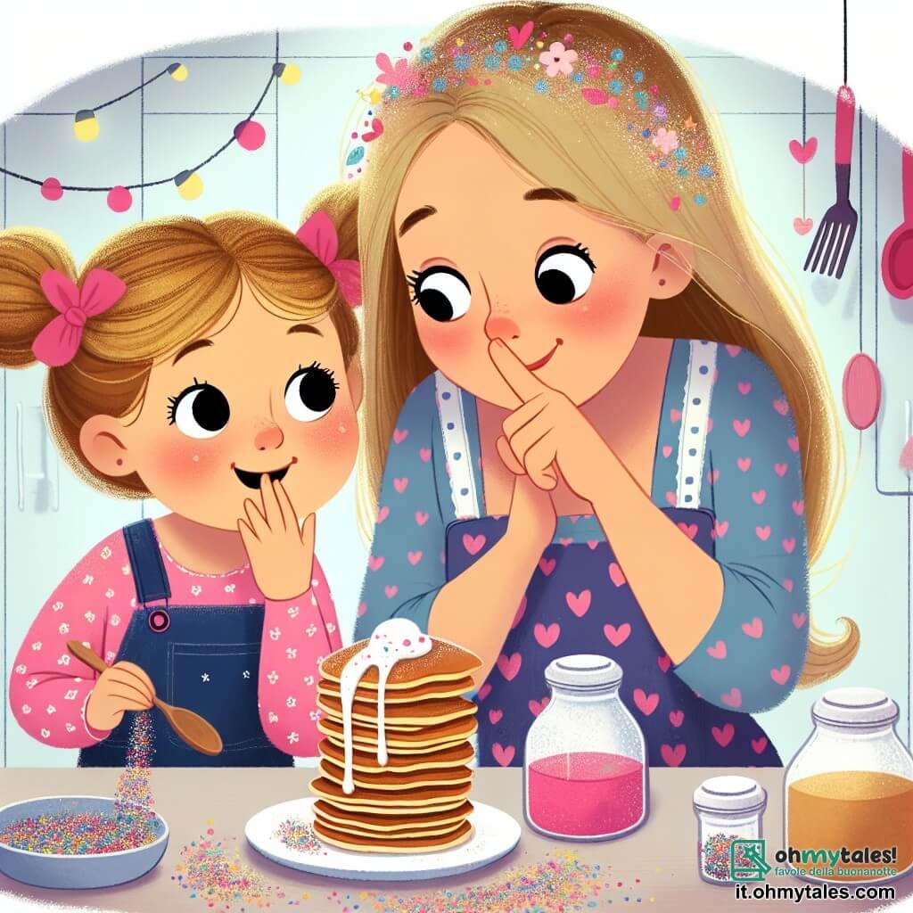 Une illustration destinée aux enfants représentant une fillette curieuse préparant une surprise pour la fête des pères avec l'aide complice de sa maman dans une charmante cuisine colorée, remplie de pancake et de brillantini.