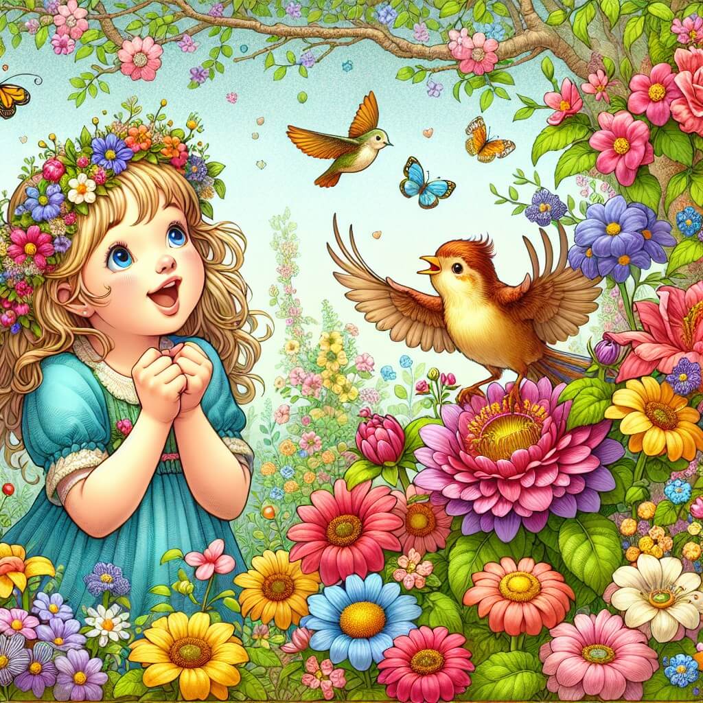 Une illustration destinée aux enfants représentant une jeune fille émerveillée par l'arrivée du printemps, entourée d'une multitude de fleurs colorées, avec un adorable oiseau comme compagnon, dans un jardin luxuriant rempli d'arbres en fleurs et de papillons virevoltants.