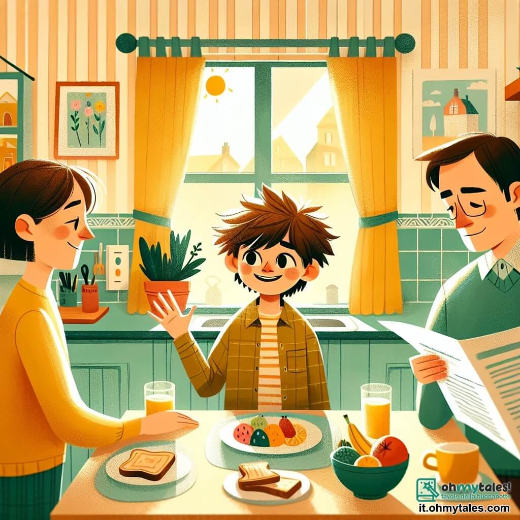 Illustrazione che rappresenta una scena accogliente in una cucina soleggiata, con pareti dipinte di giallo pastello e finestre aperte che lasciano entrare la luce del mattino. Su un tavolo di legno è disposto un colazione colorata, con frutta fresca e fette di pane.

Al centro dell'immagine, un ragazzo di dodici anni, con capelli castani arruffati e un sorriso radioso, è in piedi con le mani appoggiate sul tavolo, guardando i suoi genitori con un'espressione di preoccupazione mista a determinazione. A destra, una donna di circa trent'anni, con capelli castani e occhiali, mostra un sorriso dolce ma preoccupato, mentre a sinistra un uomo di circa trent'anni, con capelli corti e una leggera barba, sfoglia un giornale, con aria pensierosa.

La situazione principale mostra il ragazzo che, con coraggio, chiede ai genitori se stanno bene, cercando di capire la loro preoccupazione. L'atmosfera è intrisa di calore familiare, con raggi di sole che illuminano la scena, simboleggiando speranza e comunicazione. Sullo sfondo, disegni di bambini decorano le pareti, aggiungendo un tocco di tenerezza all'insieme.