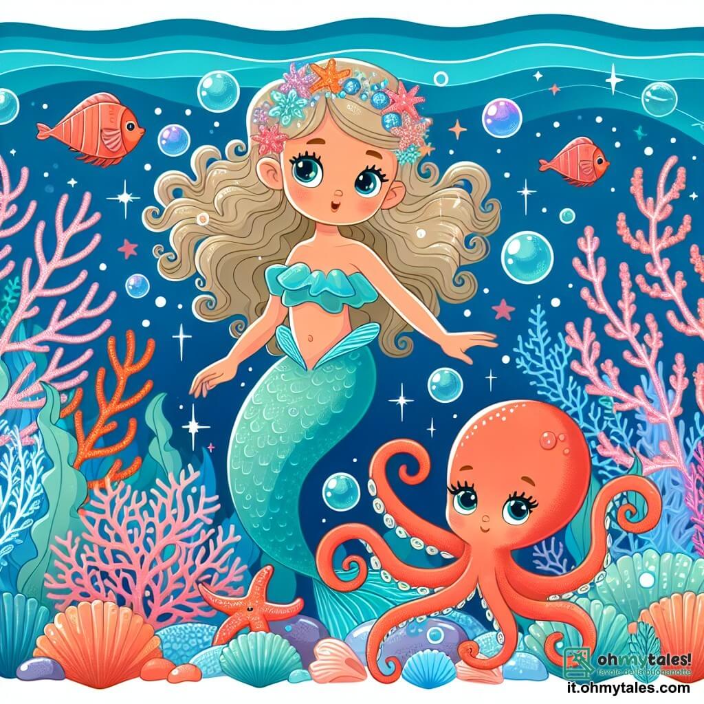 Une illustration destinée aux enfants représentant une jeune sirène curieuse explorant les profondeurs marines en compagnie d'un petit poulpe joueur, dans un jardin de corail chatoyant orné de coquillages scintillants et d'algues dansantes.