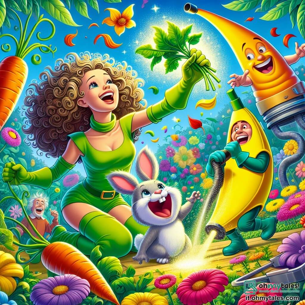 Illustrazione che rappresenta una scena colorata e gioiosa in un giardino lussureggiante di Ridicolandia, pieno di fiori brillanti e verdure giganti. Al centro dell'immagine, una giovane donna dai capelli ricci e colorati, vestita con un costume verde e guanti da giardinaggio, sorride felicemente mentre tocca una pianta che sembra crescere sotto le sue dita. Accanto a lei, un piccolo coniglio dalle grandi orecchie, con pelo bianco e occhi scintillanti, salta allegramente, circondato da carote volanti che danzano nell'aria. Sullo sfondo, un uomo di mezza età, vestito con un costume giallo a forma di banana, scivola con un grande sorriso, mentre un altro uomo, simile a un aspirapolvere gigante, cerca di aspirare foglie colorate che volano intorno a lui. La scena trasmette un'atmosfera di festa e di amicizia, con scoppi di risate e colori vivaci, illustrando la magia dell'amicizia e dei superpoteri comici.