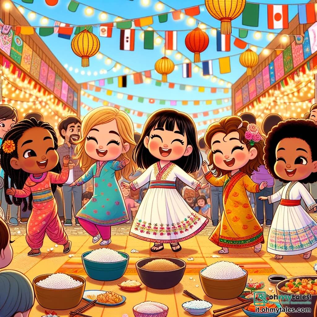 Illustrazione che rappresenta un festival colorato all'aperto, con stand decorati da tessuti vibranti e lanterne scintillanti. Al centro, un gruppo di cinque bambine di cinque anni, ciascuna rappresentante una diversità culturale: una bambina dai capelli castani e pelle chiara, sorridente e che balla; una bambina dai capelli neri e pelle olivastra, che ride mentre lancia chicchi di riso; una bambina dai capelli biondi e pelle chiara, che osserva con meraviglia danzatori in costumi tradizionali; una bambina dai capelli ricci e pelle scura, affascinata da un narratore anziano; e infine, una bambina dai capelli castani e pelle chiara, che gusta un sushi con un grande sorriso. Sullo sfondo, bambini di diverse origini ballano e giocano, mentre bandiere di vari paesi sventolano al vento, creando un'atmosfera gioiosa e festosa. Piatti tipici di diverse culture sono esposti sui tavoli, aggiungendo colori e sapori a questa scena di celebrazione della diversità.