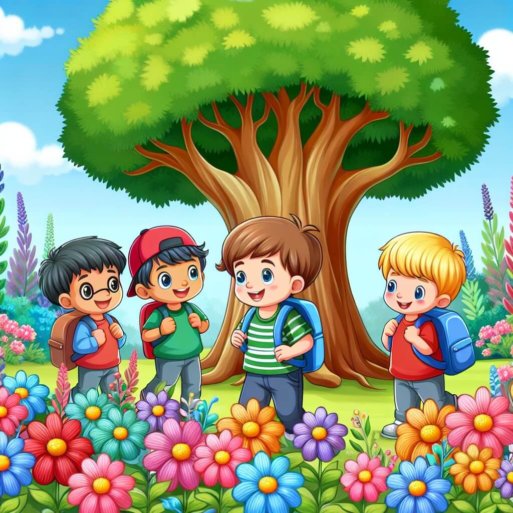 Une illustration destinée aux enfants représentant un jeune garçon timide et curieux qui fait face à de nouvelles aventures à l'école, avec l'aide de ses nouveaux amis, au milieu d'un jardin fleuri aux couleurs éclatantes et d'un arbre majestueux.