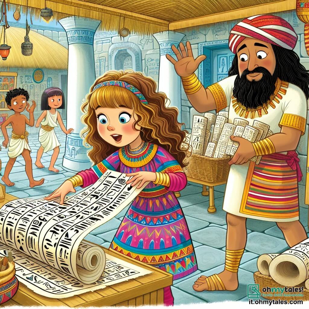 Une illustration sous forme de dessin destinée aux enfants représentant une scène vibrante dans un ancien marché égyptien, où une fille de 11 ans aux cheveux bruns et bouclés, vêtue d'une tunique colorée, s'émerveille en écrivant des hiéroglyphes sur un papyrus, tandis qu'un vendeur égyptien au regard bienveillant, portant une robe traditionnelle et un turban, lui montre des rouleaux de papyrus, et des enfants aux vêtements simples jouent joyeusement à proximité, créant une atmosphère d'aventure et de découverte dans un monde où le passé prend vie.