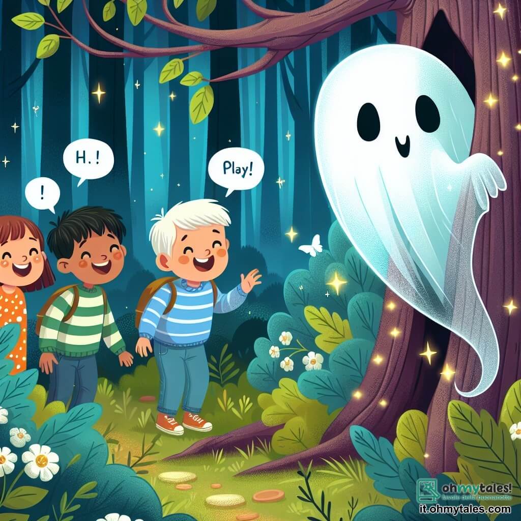Une illustration destinée aux enfants représentant un fantôme timide se cachant derrière un arbre dans un bosco incantato aux feuilles brillantes et aux arbres sussurant des secrets, rencontrant des enfants joyeux qui l'invitent à jouer avec eux.