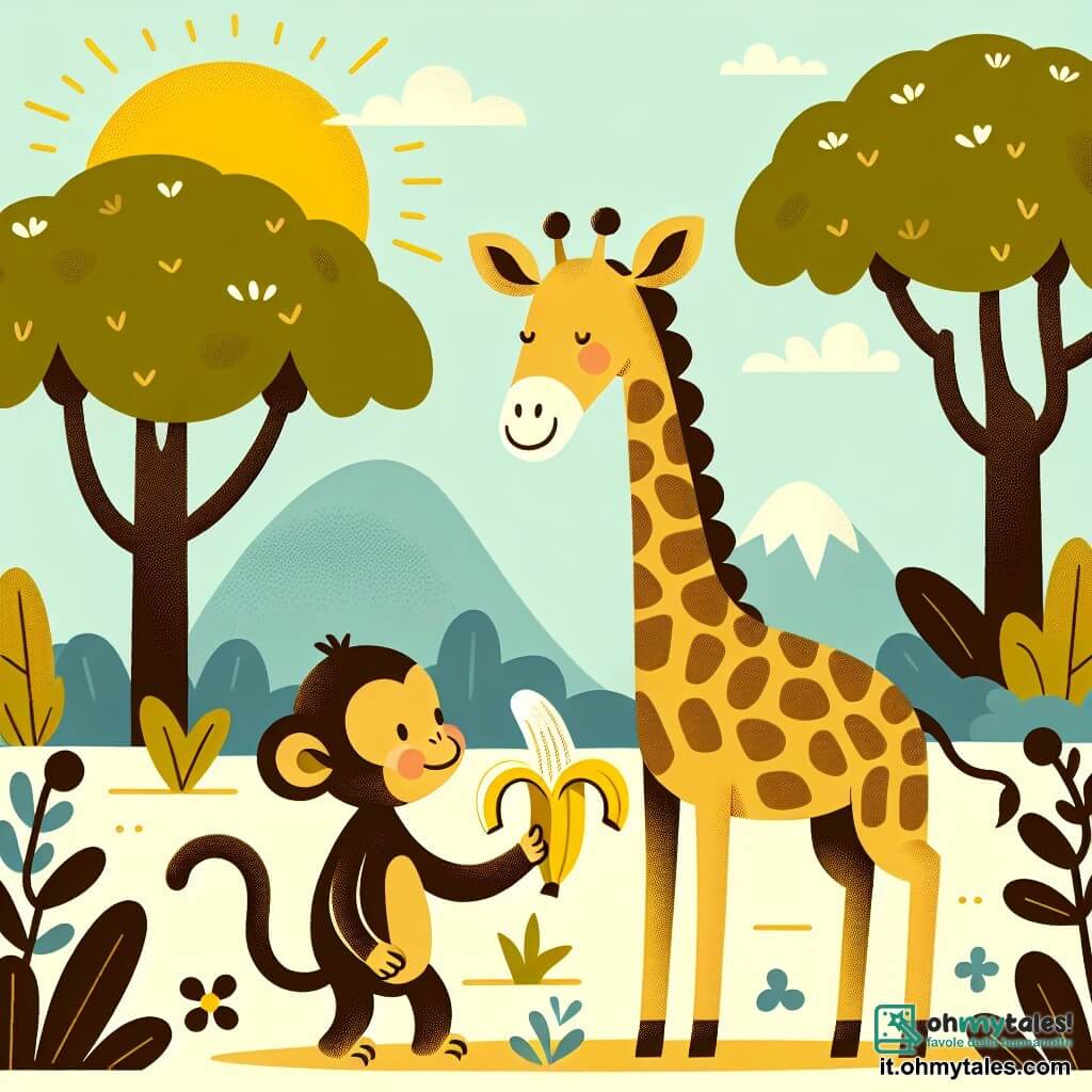 Une illustration destinée aux enfants représentant une girafe fillette, très haute avec un long cou, partageant des bananes avec un singe malicieux, dans une savane ensoleillée parsemée d'arbres touffus et de fleurs colorées.