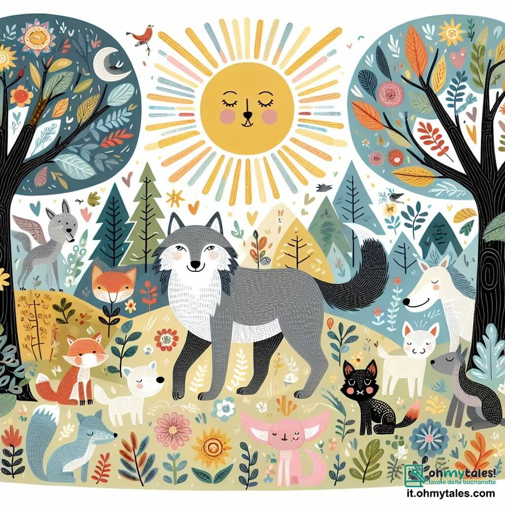 Une illustration destinée aux enfants représentant un loup bienveillant, entouré de divers animaux, dans une magnifique forêt enchantée où les rayons du soleil percent à travers les feuilles colorées des arbres.