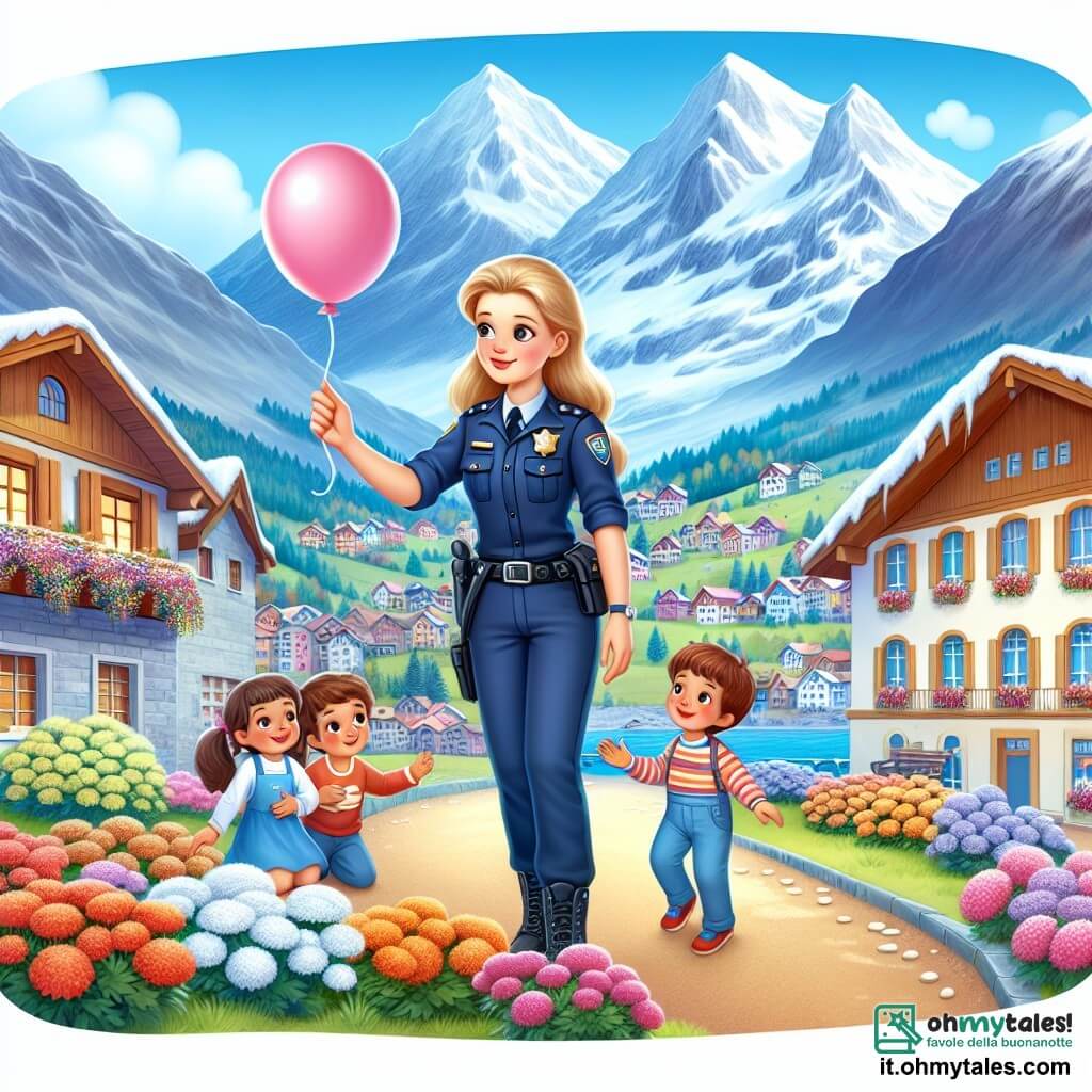 Une illustration destinée aux enfants représentant une policière au cœur d'or résolvant le mystère du vol de palloncins avec l'aide des enfants dans la paisible ville de Piazza del Sole, entre les montagnes enneigées et les jardins fleuris de Via Allegria.