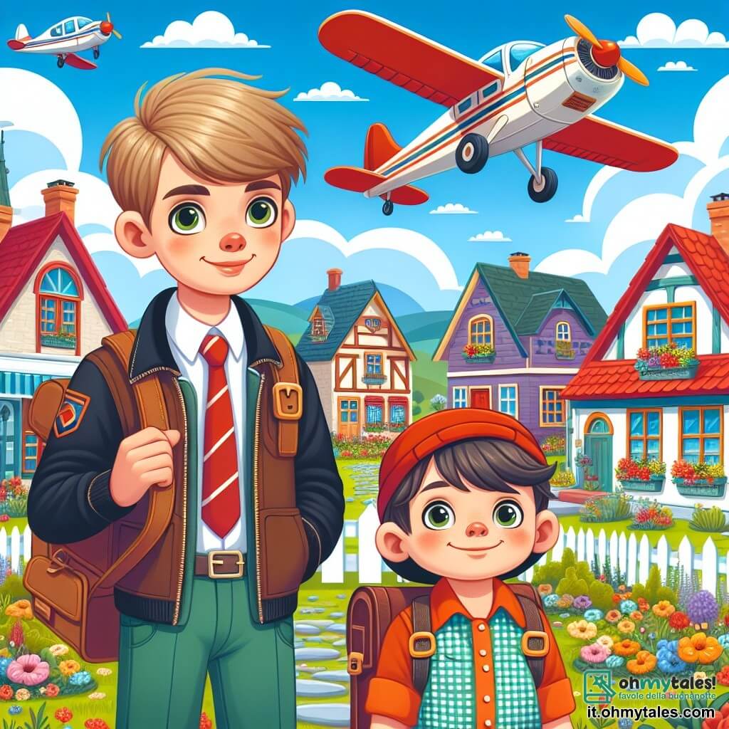 Une illustration destinée aux enfants représentant un pilote d'avion homme, un enfant garçon curieux et vivace, dans une petite cittadina aux maisons aux toits rouges et aux jardins fleuris, prêts à décoller vers de nouvelles aventures aériennes.