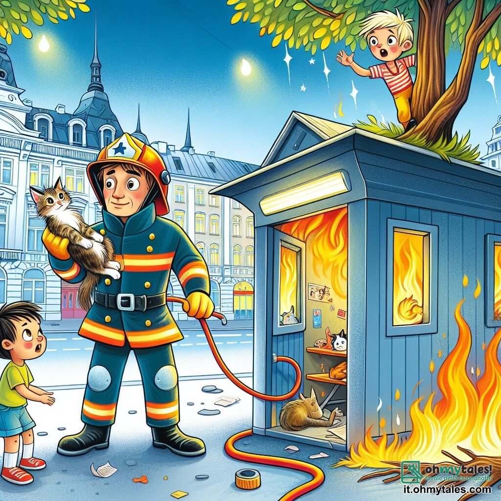 Une illustration destinée aux enfants représentant un pompier courageux, un garçon curieux et émerveillé, sur le toit d'un chiosco en flammes dans un parc de la ville, prêt à sauver un gattino effrayé perché sur un arbre.