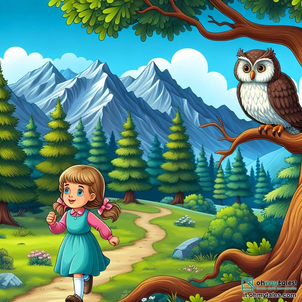 Une illustration destinée aux enfants représentant une jeune fille curieuse et pleine de vie, suivant un gufo sage à travers un dense bosco di querce, avec des montagnes imposantes en arrière-plan et un ciel bleu azur au-dessus d'eux.