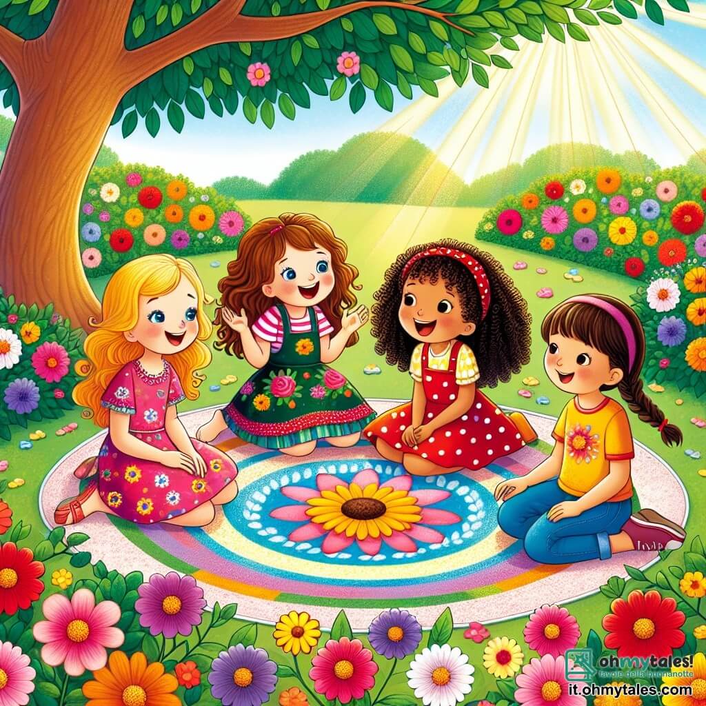 Illustrazione che rappresenta un magnifico giardino soleggiato, pieno di fiori colorati dalle tonalità vivaci di rosso, giallo e viola. Al centro, un grande albero con foglie verdi brillanti offre ombra, mentre un sentiero di ghiaia si snoda attraverso il giardino. In questa scena, quattro ragazze di circa 8 anni sono riunite. Una di esse, con capelli biondi e occhi azzurri, indossa un vestito a fiori colorati e sorride gioiosamente. Un'altra, con capelli castani e occhi marroni, è vestita con una tunica rosa e ride ascoltando una storia. La terza, con capelli neri e ricci, ha la pelle marrone e indossa un vestito rosso a pois bianchi, racconta una storia con entusiasmo. L'ultima, con capelli castani e trecce, ha la pelle chiara e indossa una maglietta gialla, sta ridendo e divertendosi con le sue amiche. La scena principale mostra le quattro ragazze sedute in cerchio attorno a un tappeto di fiori, condividendo risate e storie, illustrando così l'amicizia e la tolleranza. Sullo sfondo, farfalle colorate volano intorno a loro, aggiungendo un tocco di magia alla scena. Il cielo è blu con alcune nuvole bianche, e il sole brilla, creando un'atmosfera gioiosa e calorosa.