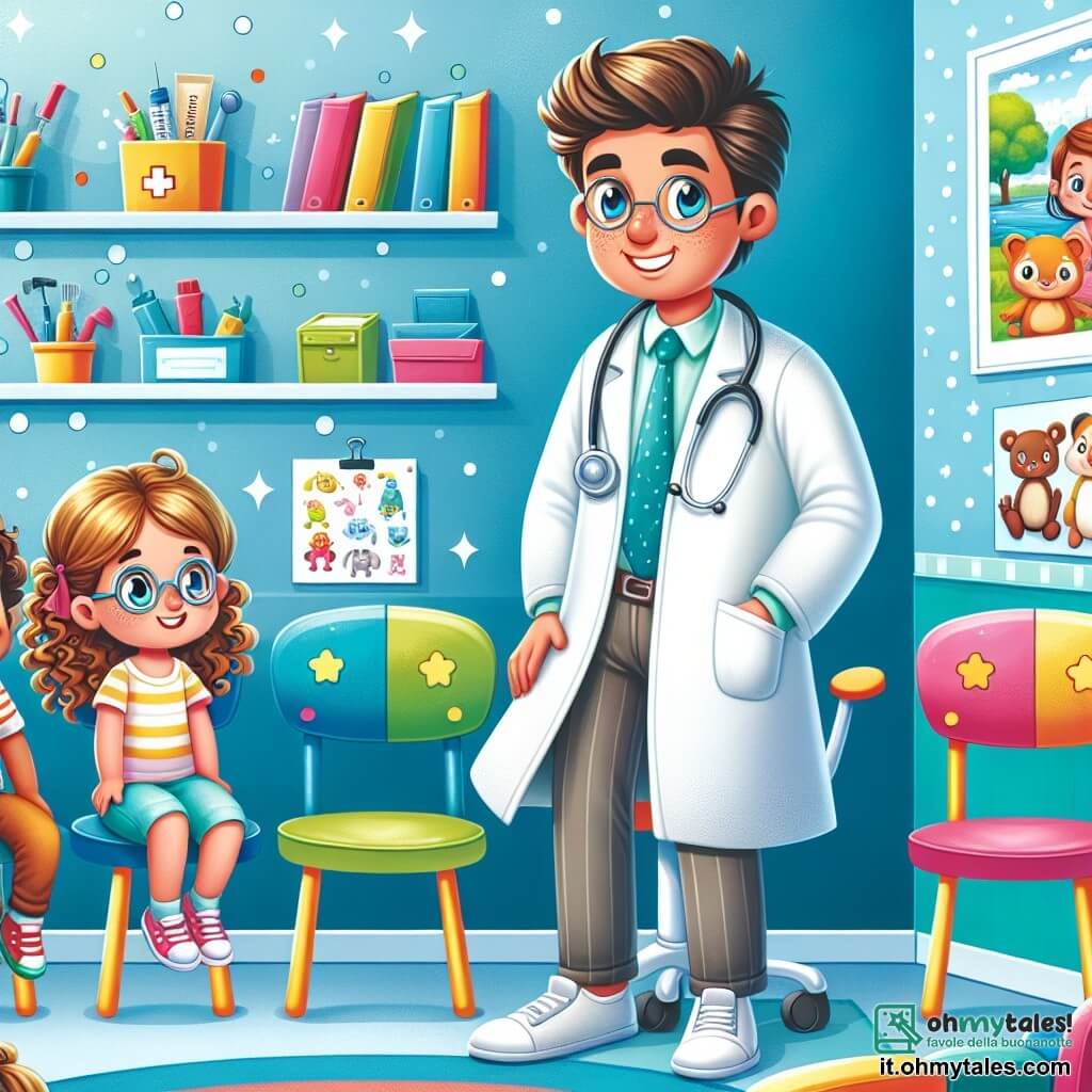 Une illustration destinée aux enfants représentant un homme au sourire chaleureux, vêtu d'une blouse blanche éclatante, entouré d'instruments médicaux colorés et de livres aux couvertures brillantes, qui se trouve dans son cabinet lumineux aux murs peints en bleu ciel, rempli de posters d'animaux souriants et de plantes vertes, où deux enfants, une fille aux cheveux bouclés et un garçon aux lunettes, sont assis sur des chaises colorées en attendant leur visite médicale, émerveillés par l'aventure qui les attend.