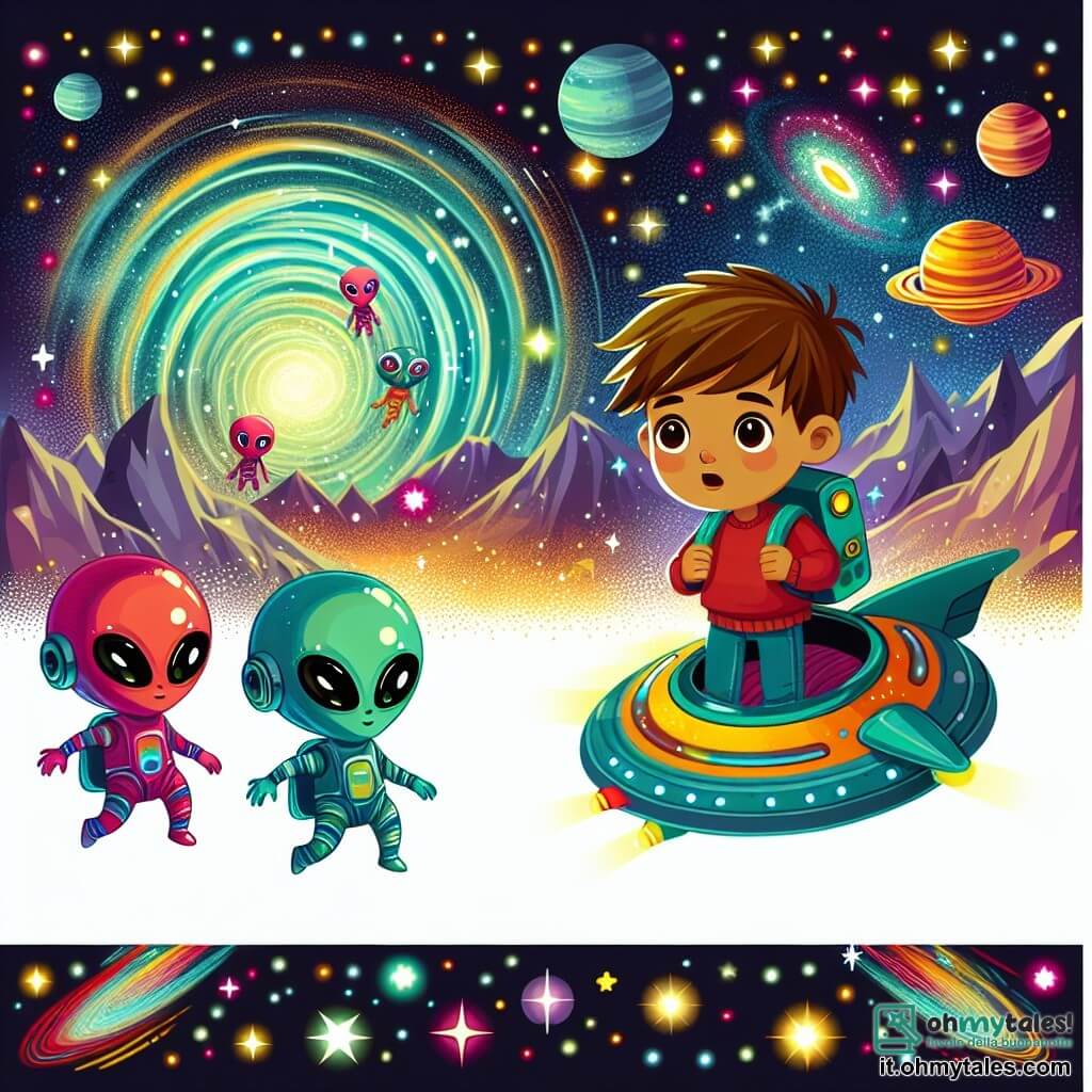 Une illustration destinée aux enfants représentant un garçon curieux traversant un vortice mystérieux pour se retrouver sur un planète étrange, où il rencontre des aliens aux couleurs vives et aux habits futuristes, dans un paysage cosmique parsemé d'étoiles scintillantes et de nébuleuses chatoyantes.