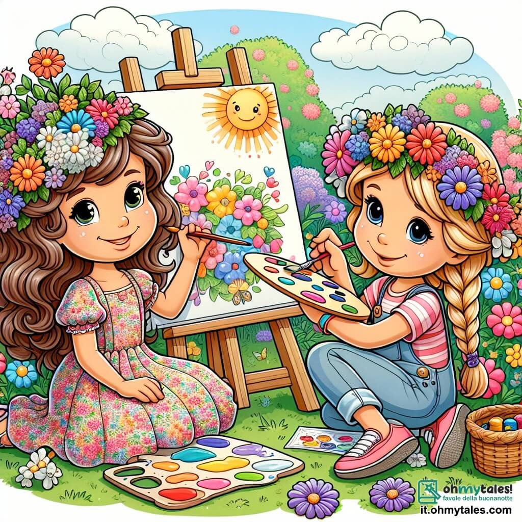Une illustration sous forme de dessin destinée aux enfants représentant un jardin ensoleillé rempli de fleurs colorées, où une fille de 7 ans aux cheveux bruns ondulés, portant une robe à fleurs, est assise sur l'herbe en train de peindre un grand tableau avec des couleurs vives, tandis qu'à côté d'elle, une autre fille de 7 ans aux cheveux blonds tressés, souriante, mélange des couleurs sur une palette, et ensemble, elles créent une œuvre d'art joyeuse qui capture la magie de l'été.
