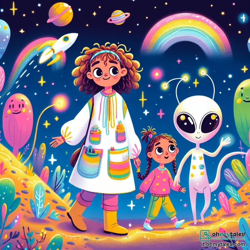 Une illustration sous forme de dessin destinée aux enfants représentant un paysage féerique d'un planète colorée avec des plantes brillantes et des animaux aux couleurs vives, au premier plan une femme aux cheveux longs et bouclés, vêtue d'un camice blanc rempli de poches, qui sourit en montrant un petit vaisseau spatial en forme d'arc-en-ciel, tandis qu'à ses côtés, deux jeunes enfants, un garçon aux yeux pétillants et une fille avec des tresses, s'amusent avec un petit alien aux grands yeux ronds et à la peau scintillante, tous ensemble en train de découvrir les merveilles de cet univers magique.