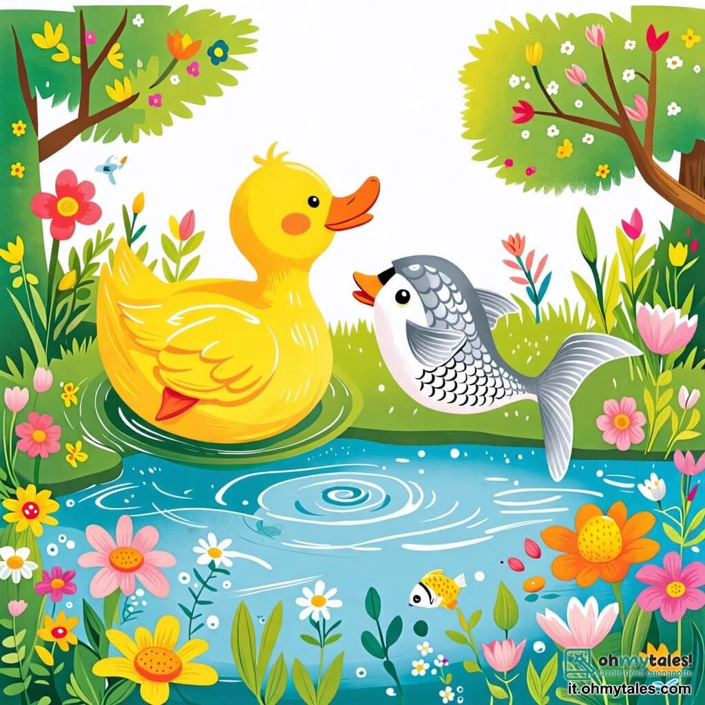 Une illustration sous forme de dessin destinée aux enfants représentant un paisible étang entouré de fleurs colorées et de verdure, avec un canard jaune aux plumes brillantes qui nage joyeusement à la surface de l'eau, tandis qu'un petit poisson aux écailles argentées fait des sauts acrobatiques à côté de lui, illustrant leur amitié et leur enthousiasme à explorer ensemble ce coin magique de la nature.