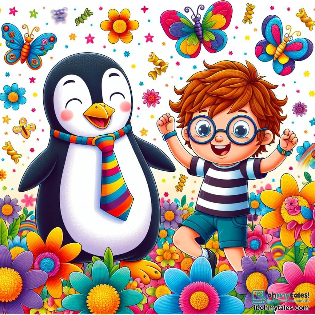 Une illustration sous forme de dessin destinée aux enfants représentant un vaste champ fleuri aux couleurs éclatantes, où un garçon de 11 ans aux cheveux châtains et aux lunettes rondes, vêtu d'un t-shirt rayé et de shorts, danse joyeusement avec un pinguin géant en cravate à rayures, tandis qu'un groupe de farfalle colorate virevolte autour d'eux, tous riant ensemble en célébrant leur découverte du Gelato Magico, un dessert légendaire qui fait rire à chaque bouchée.