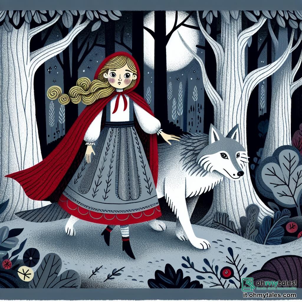 Une illustration destinée aux enfants représentant une jeune fille courageuse explorant un mystérieux bois hanté en compagnie d'un loup argenté, dans le Bosco dell'Inquietudine, où les arbres semblent murmurer des secrets sombres et les ombres dansent avec malice.