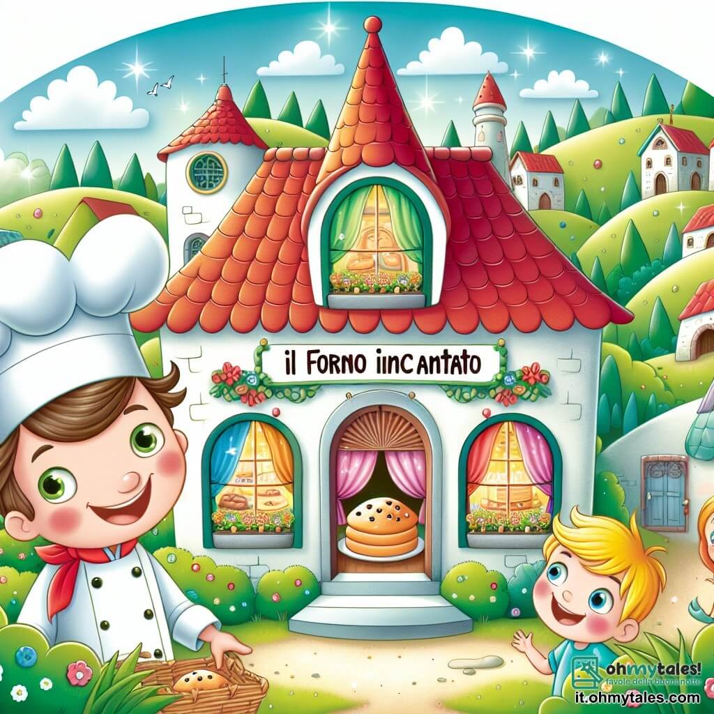 Une illustration destinée aux enfants représentant un boulanger au sourire lumineux, un garçon curieux, une petite fille joyeuse, dans la magique panetteria "Il Forno Incantato" au toit rouge et aux fenêtres ornées de rideaux colorés, nichée au cœur d'un petit village entouré de collines verdoyantes.