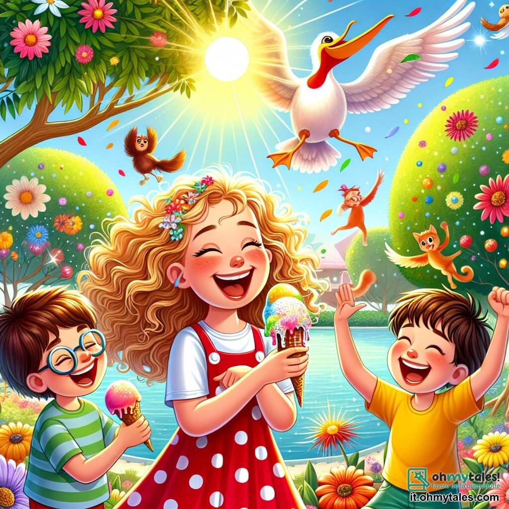 Illustrazione che rappresenta un parco soleggiato, pieno di alberi con foglie verdi brillanti e fiori colorati che danzano al vento. Al centro dell'immagine, una ragazza di 9 anni con capelli biondi e ricci, indossa un vestito a pois rossi e ride di gusto mentre tiene un gelato che si scioglie nella sua mano. Accanto a lei, due amici: un ragazzo di 10 anni con occhiali rotondi e capelli castani disordinati, che fa una smorfia comica, e una ragazza di 9 anni con capelli castani lisci, vestita con una maglietta gialla, che applaude ridendo. Sullo sfondo, un pellicano dal piumaggio bianco splendente galleggia su un lago con un grande sorriso, mentre un gruppo di gatti colorati danza gioiosamente attorno a loro. L'atmosfera è allegra e giocosa, piena di risate e magia, catturando il momento in cui i bambini si divertono insieme dopo aver risolto un mistero.