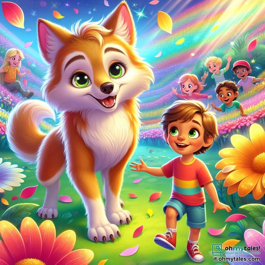 Illustrazione che rappresenta un giardino magico, pieno di fiori colorati dai petali brillanti, che danzano dolcemente al ritmo di una melodia. Al centro, un lupo mannaro dal pelo dorato, con occhi dolci ed espressivi, è in piedi sulle zampe posteriori, sorridendo calorosamente. Ha orecchie appuntite e una coda folta che si agita gioiosamente. Accanto a lui, un ragazzo di circa 8 anni, con capelli castani e occhi scintillanti di curiosità, indossa una maglietta colorata e pantaloni corti. Tende la mano verso il lupo mannaro, mostrando il suo entusiasmo. Sullo sfondo, diversi bambini, tra cui una ragazza con capelli biondi e un cappellino rosso, si avvicinano con espressioni meravigliate, catturati dalla magia del giardino. La scena trasmette un'atmosfera gioiosa e amichevole, piena di colori vivaci e di una luce soffusa, illustrando il momento in cui nasce l'amicizia tra il lupo mannaro e i bambini.