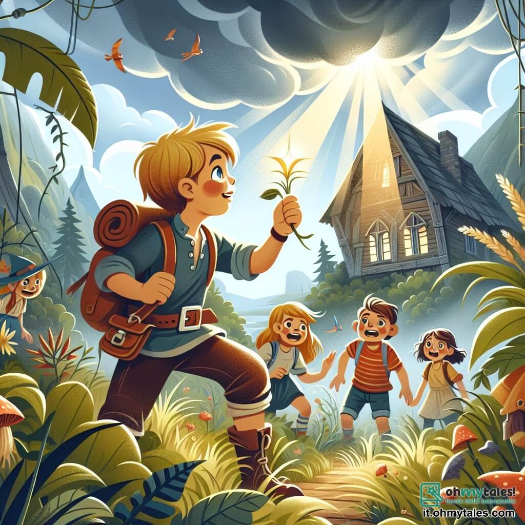 Une illustration destinée aux enfants représentant un jeune garçon courageux, accompagné de ses amis, explorant un mystérieux village abandonné envahi par la végétation, où ils découvrent une plante rare et magique, sous les rayons du soleil filtrant à travers les nuages après une violente tempête.